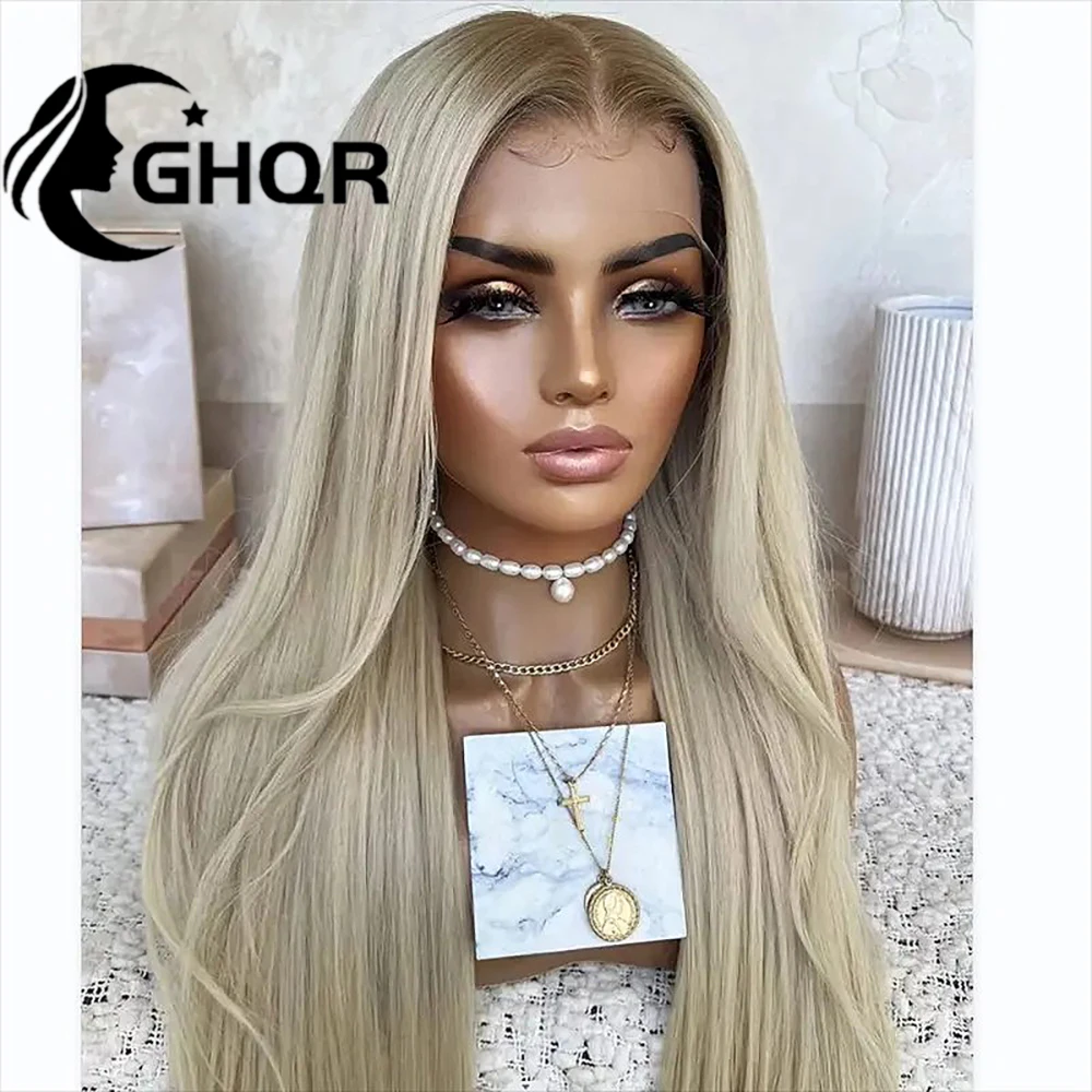 Platinum Blonde Straight Lace Front Full lace Wig Brown Roots HD Transparent Lace Forntal Wig Brazilian Virgin Human Hair Wigs