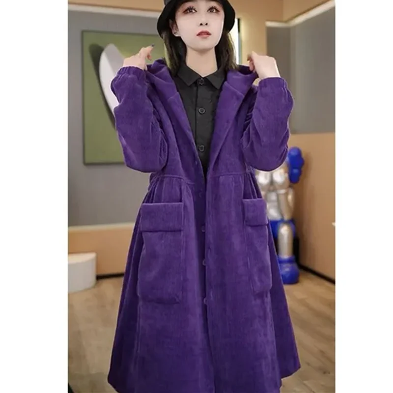 

2025 Autumn Winter Thick Coat Fashion Large Purple Windbreaker Big Pocket Women's Loose Versatile Corduroy Hooded Coats Outwear