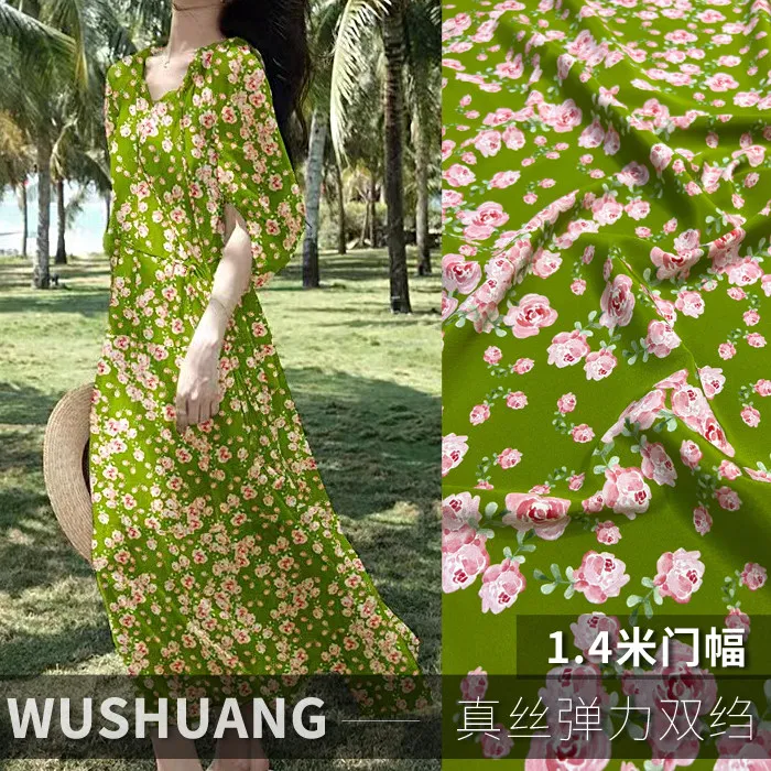 Green Base With Pink Floral Pattern Silk Stretch Crepe De Chine Fabric Mulberry Silk Material For Dresses 140cm Wide Blouse