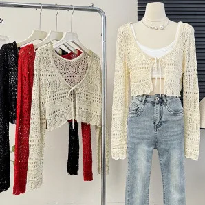 Women\'s Y2K Long Sleeve Slim Fit  Knitted Cropped Sweater Hollow Crochet Drawstring Patterned Knitted Cardigan