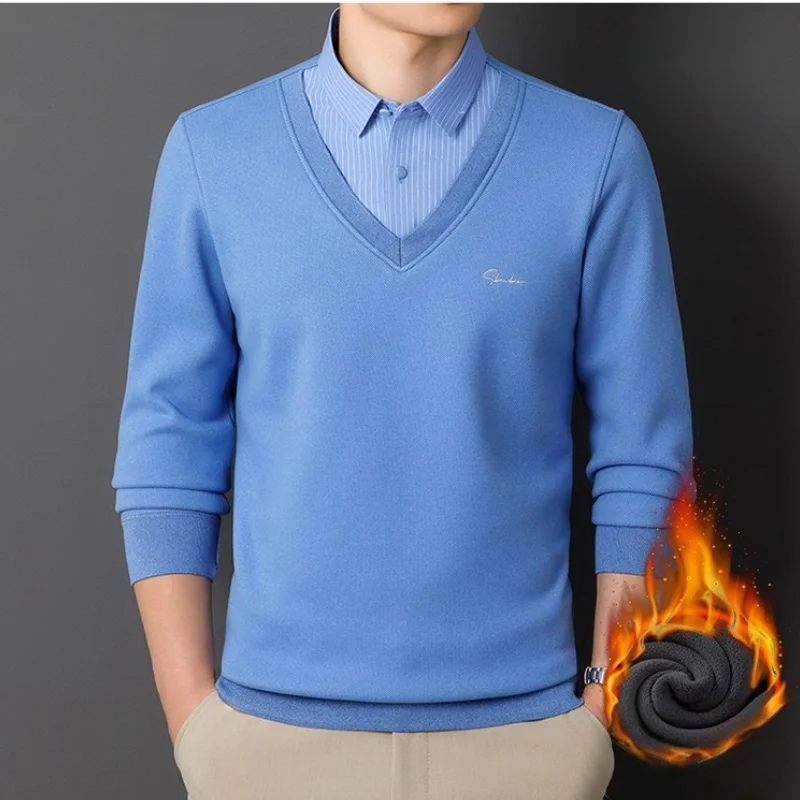 

Long Sleeve T-shirt Shirts Winter Fleece Male Lapel Fake Two-piece Striped Regular Fit Thick Plush Warm Knitted Pullover Men Top