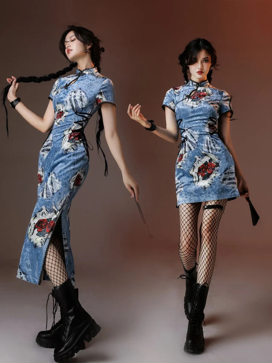 Jupe longue Qipao en velours imprimé denim, élégante, à fente haute, pour femme, confortable, style vintage hippie, pour le quotidien