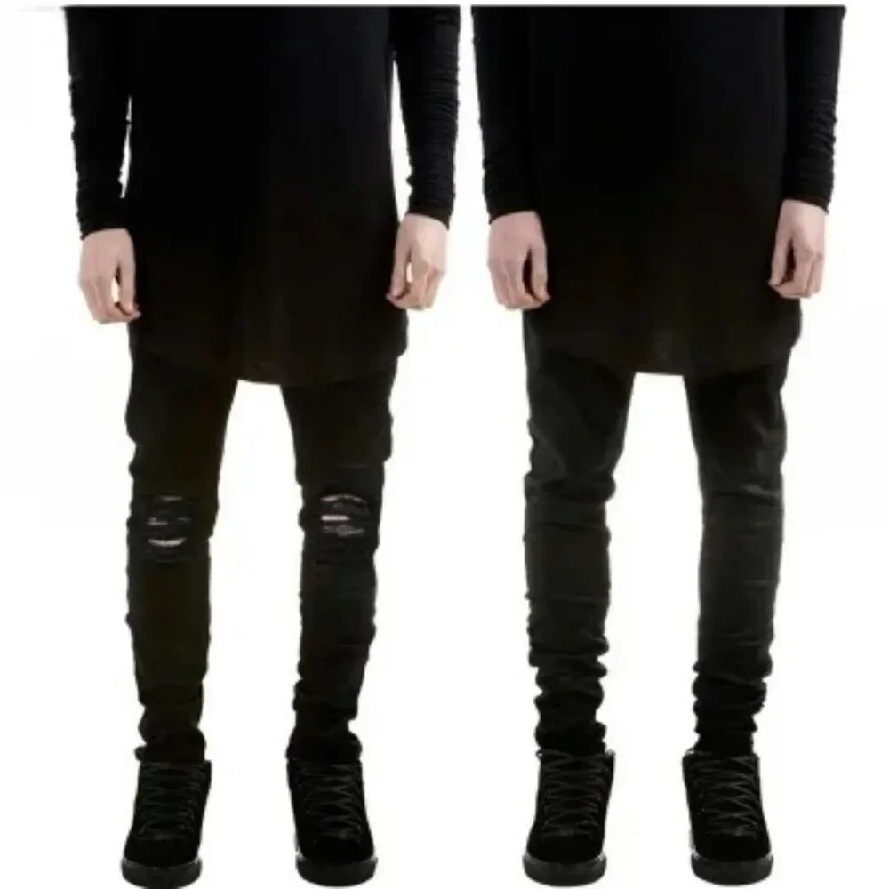 Hole Distressed Jeans Men Pencil Pants Slim Fit Vintage Pockets Solid Colour Ankle Length Trousers Zipper Fly Washed Denims