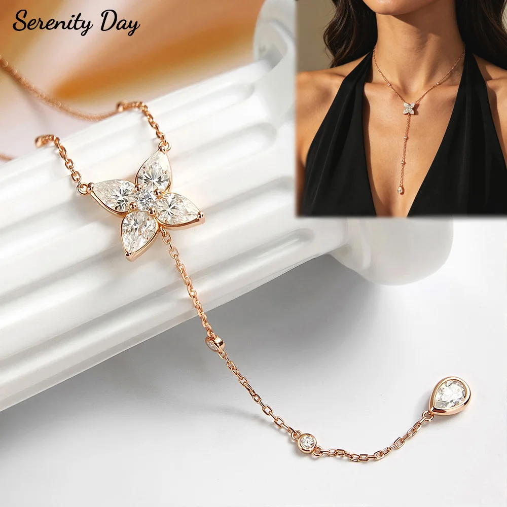 Serenty All Moissanite Necklace for Women Gift 4*6mm Pear Cut D Color Tassel Pendant Necklace S925 Sterling Silver Chain Jewelry