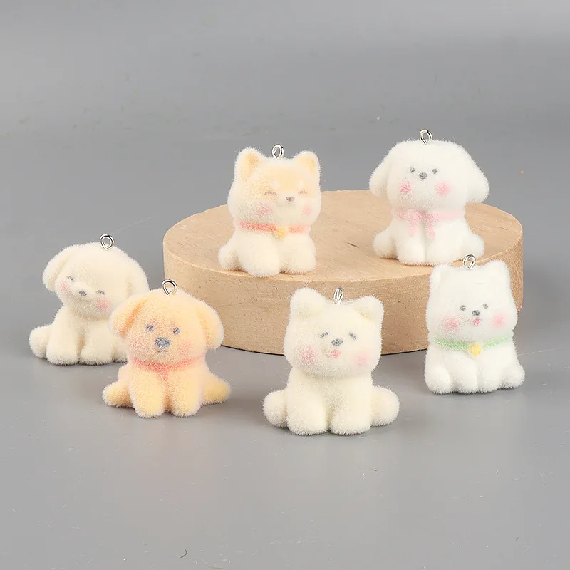 30Pcs Fluffy Small Dog Resin Charms Bulk Wholesale Flocked Kawaii 3D Animals Pendants for Keychains DIY Jewelry Make Accessories
