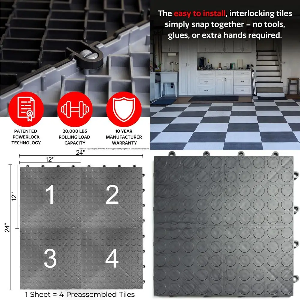 

Прочные соединяющиеся плитки для пола гаража из сополимера, противоскользящие, графитовые, 24 штуки, 12x12 дюймов