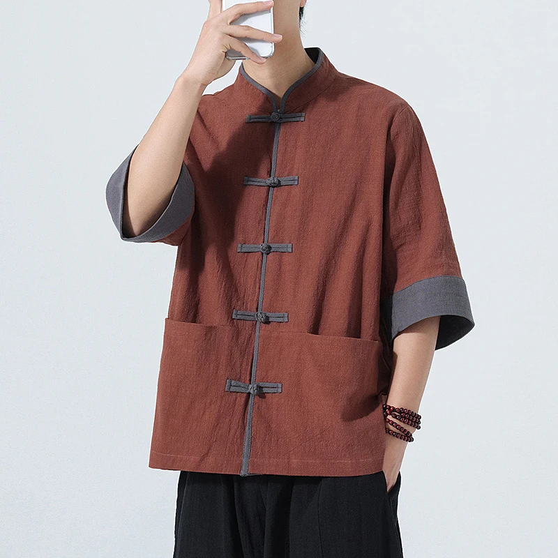 Premium High-End Unisex Chinese Traditional Shirt Spring Summer 2026 Lightweight Short Sleeve Mandarin Collar Loose Cotto