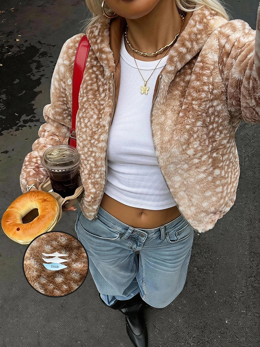 LIMO Women Deer Spotted Faux Fur Hooded Cropped Jacket Zip Up Fluffy Coat