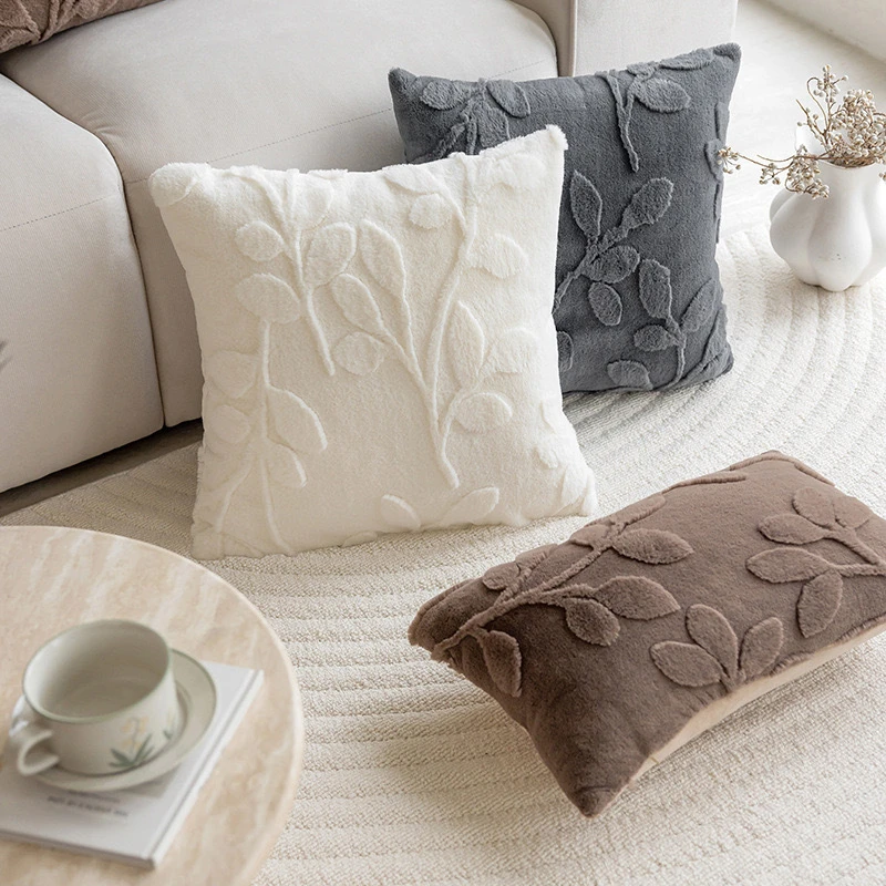 BUYNOW 1PC Plush Leaf Pattern Cute Pink Pillowcase High-end Luxury Living Room Sofa Cushion Cover Home Bedroom Car Decor