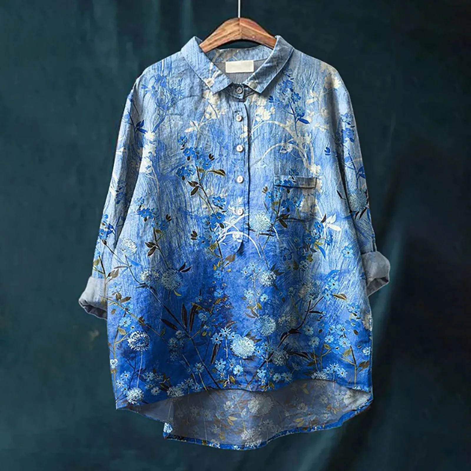 

Flower Pattern Printed Women's Lapel Neck Casual Cotton And Linen Long Sleeve Womens Shirt Sleeve Tops Colla Shirt for Women