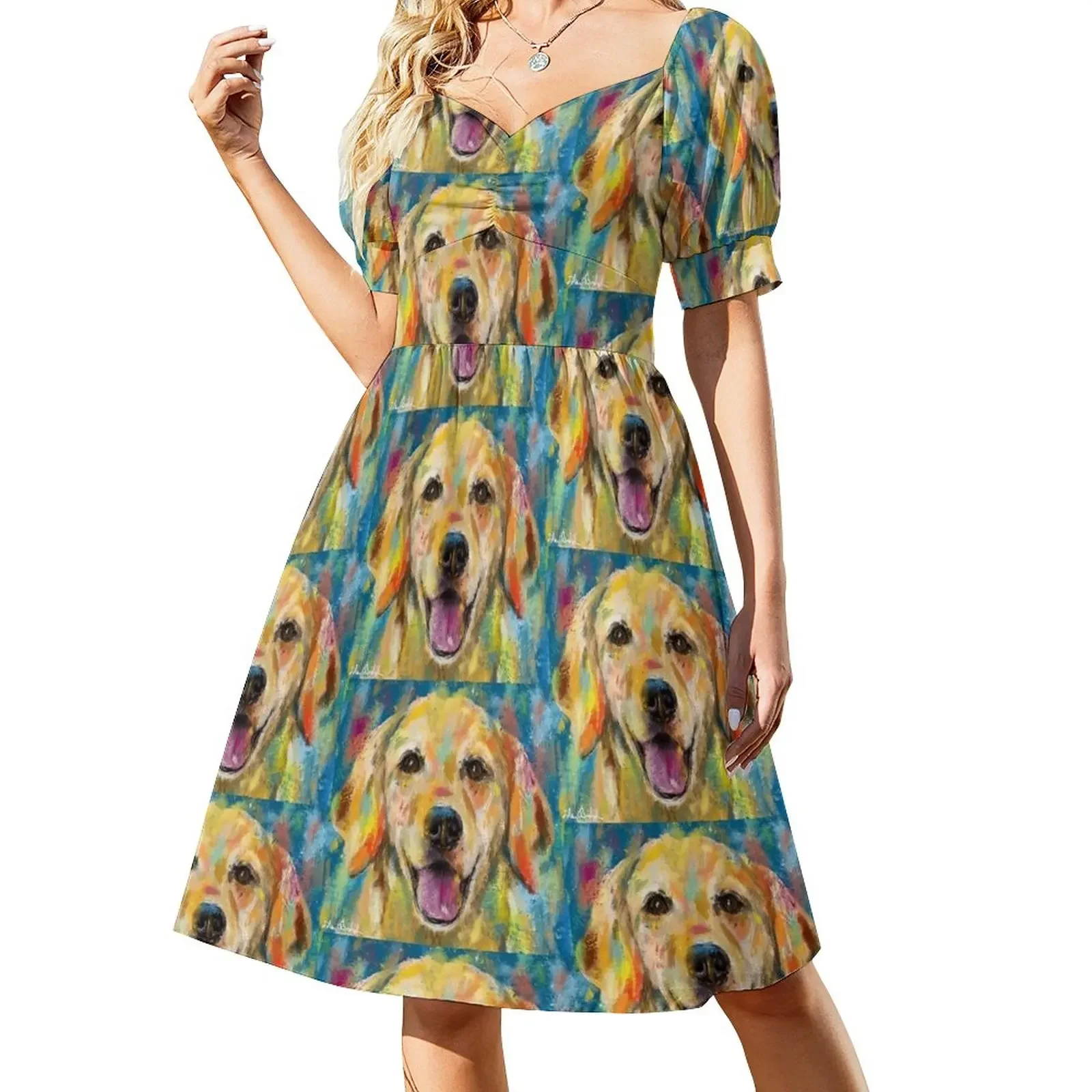 Artistic and Colorful Painting of Golden Retriever Smiling Short-Sleeved Dress Dresses for wedding party Beachwear