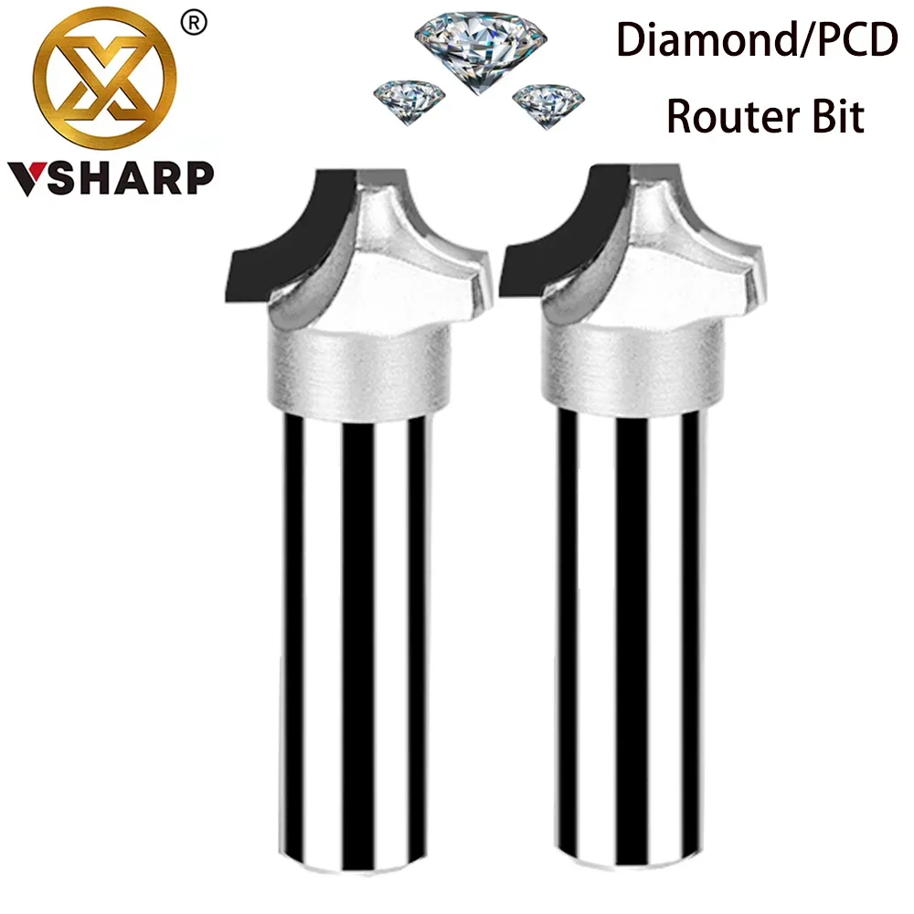 Vsharp Diamond Cutter PCD Cutting Round Over Bit  Slotting Cabinet Door Carved Engraving Milling Cutter Longlife for MDF Plywood