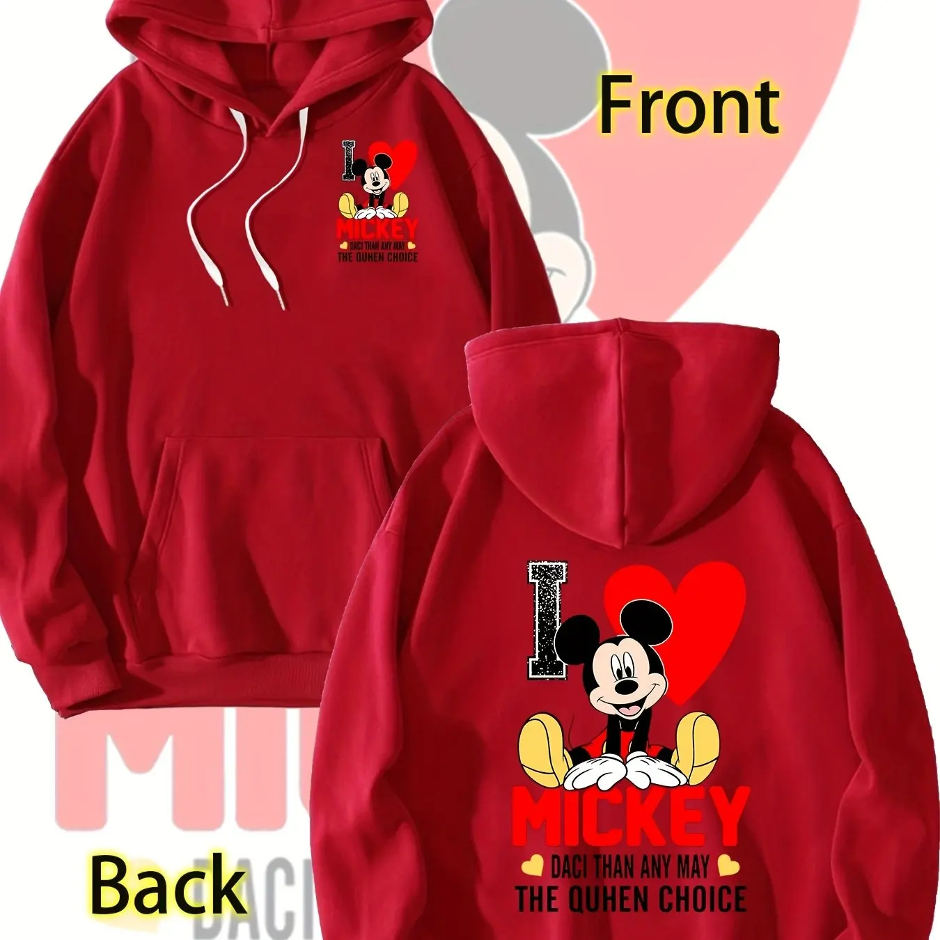 Disney Mickey Mouse Hoodies, Red Crew Neck Sweatshirts for All Seasons, Couples' Casual Pullovers, Mickey Mouse Pattern Clothing