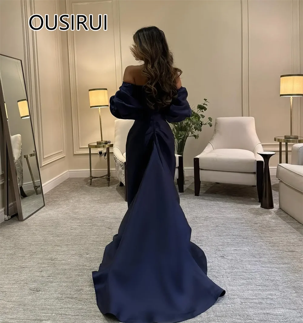 Off-Shoulder Satin Solid Modest Puff Sleeve Bridesmaid Prom Dress Open Back Ruffles Evening Party Dress with Court