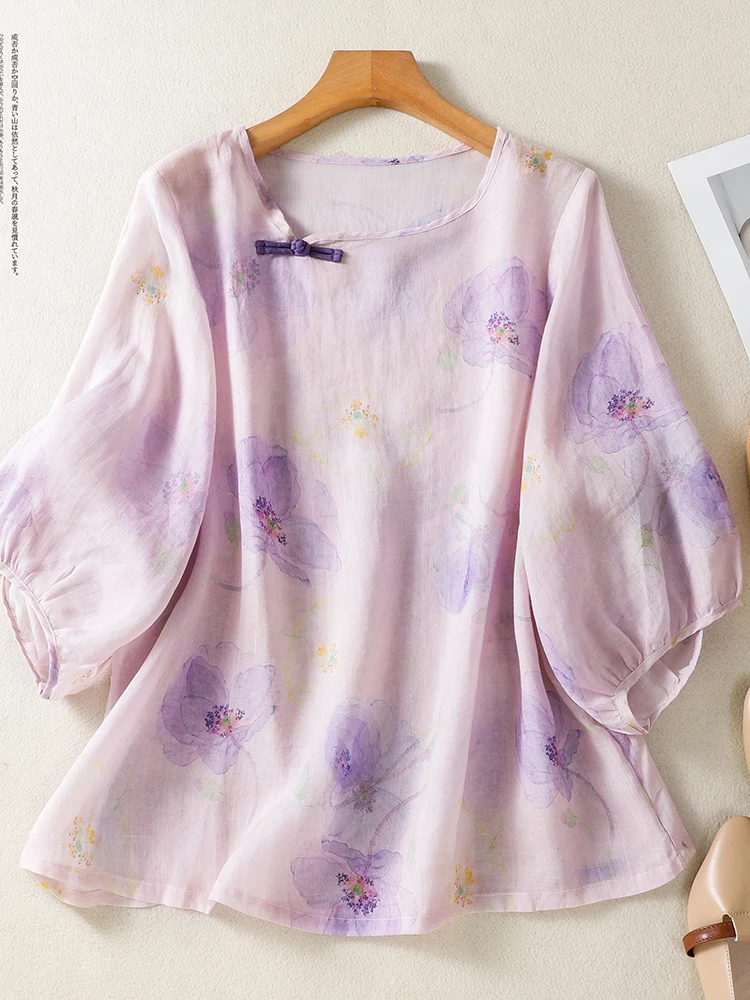 

New Chinese Style Loose Fit Silk Shirt Women's Summer New Seven Sleeve Loose Top Breathable Thin round Neck Print