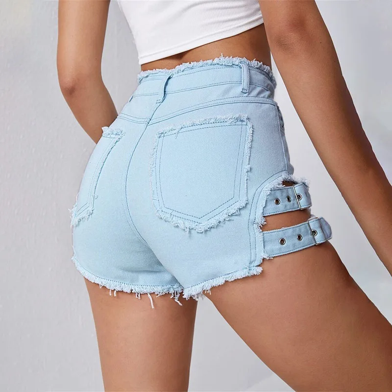 Shorts jeans skinny de cintura alta para mulheres estilo americano angustiado oco fivela de metal gravata cintura streetwear