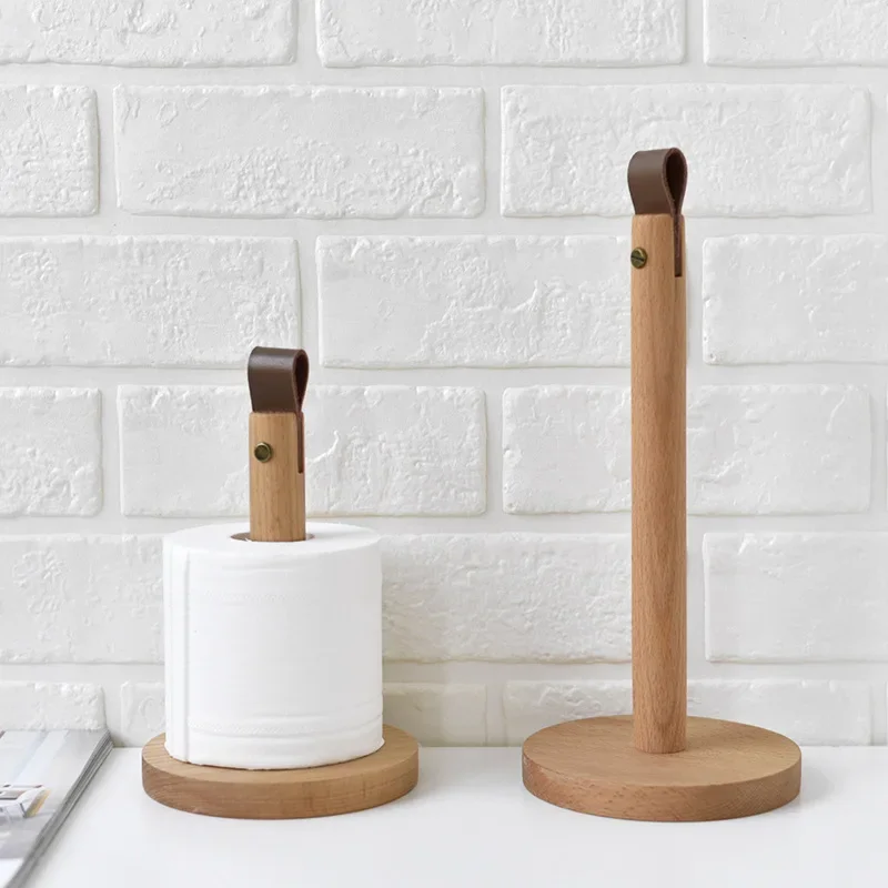 yesWood Kitchen Paper Towel Holder Countertop,Standing Roll Paper Rack With Leather Handle,Rustic Wooden Tissue Dispenser For Ho