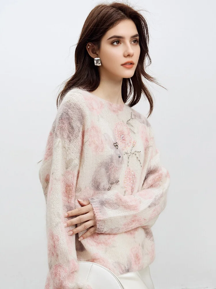 SuyaDream, Woman Mohair Pullovers, Sheep Wool, Beadings, Printed Sweaters, Round Collar, 2025 Fall Winter Fashionable Top, Blue
