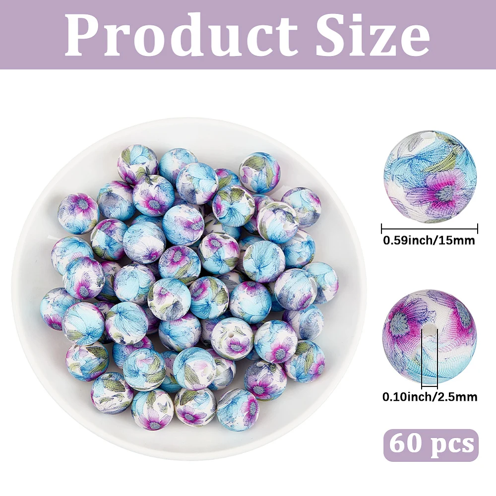 1 Box 60PCS 15MM Flower Beads with Hole Spring Floral Print Lavender Round Focal Purple Blue Loose Spacer Bead for Jewelry