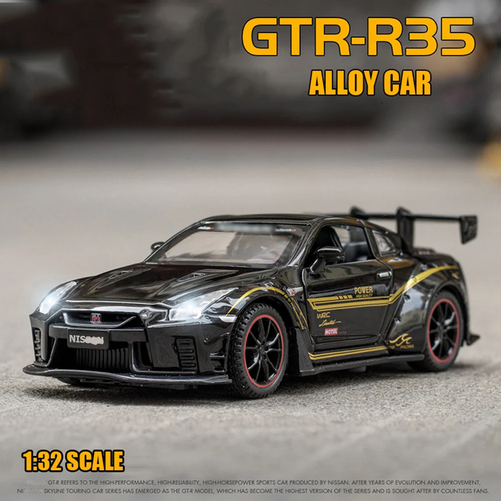 1: 32 Scale Sport Race Skyline R35 Toy Car Die Cast Metel Cars Pull Back Cars Toys with Sound and Light For Kids Gifts