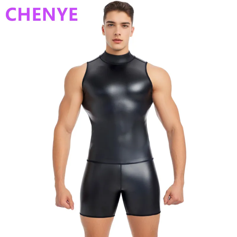 

Mens Leather Vest Stand collar Undershirt Tank Top Sleeveless Shirt Waistcoats Body Shapers Slim Underwear Waist trainer Corsets