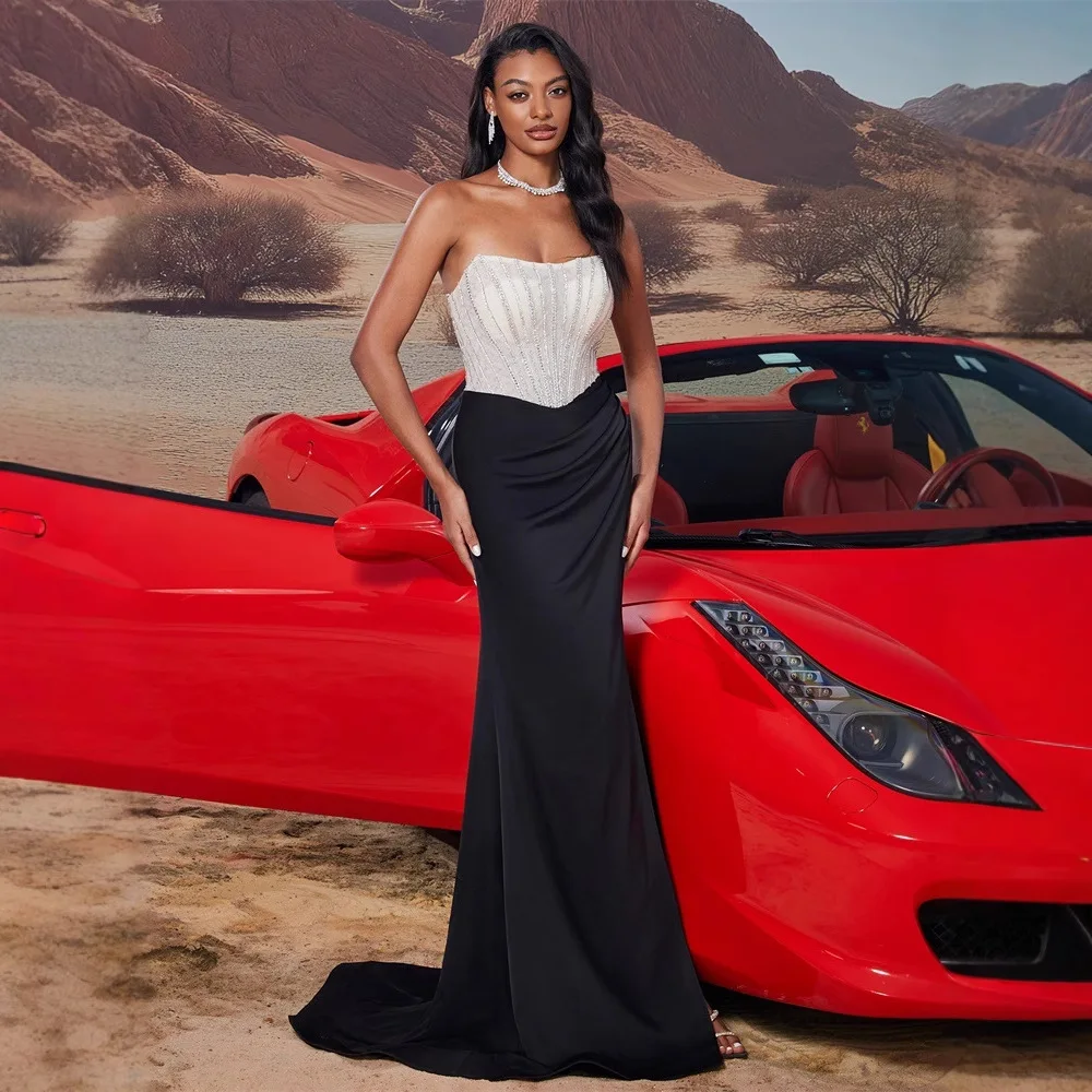 

Black White Two Tone Mermaid Maxi Dress Strapless Vertical Rhinestone Boned Corset Wrap Ruched Satin Train Evening Gown