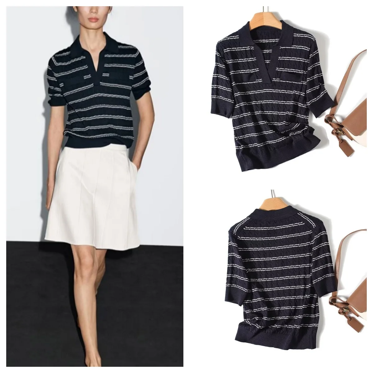 

European and American style 2025 new skin-friendly V-neck fashionable versatile striped short-sleeved sweater