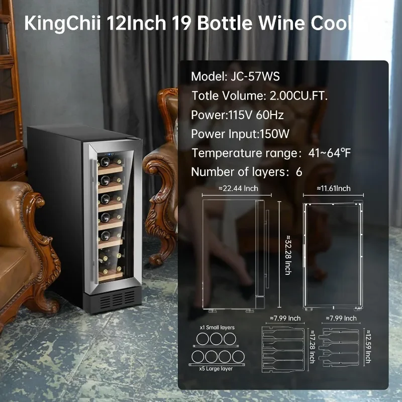 KingChii 12 Inch 19 Bottle Wine Cooler Refrigerator Professional Compressor, Stainless Steel & Tempered Glass For Red Wine