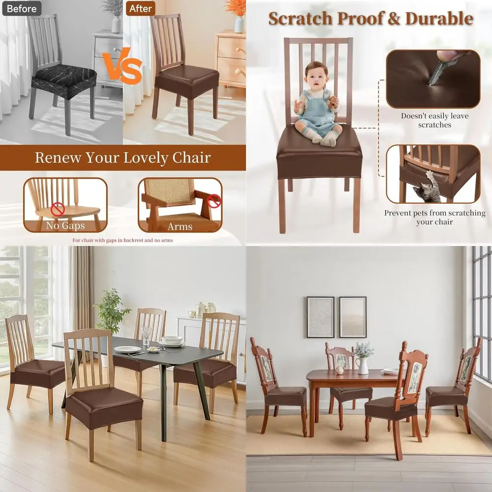 

Waterproof Leather Dining Chair Seat Covers, Stain-Resistant Stretch Covers for 8 Chairs, Rear Covered, Washable, Coffee