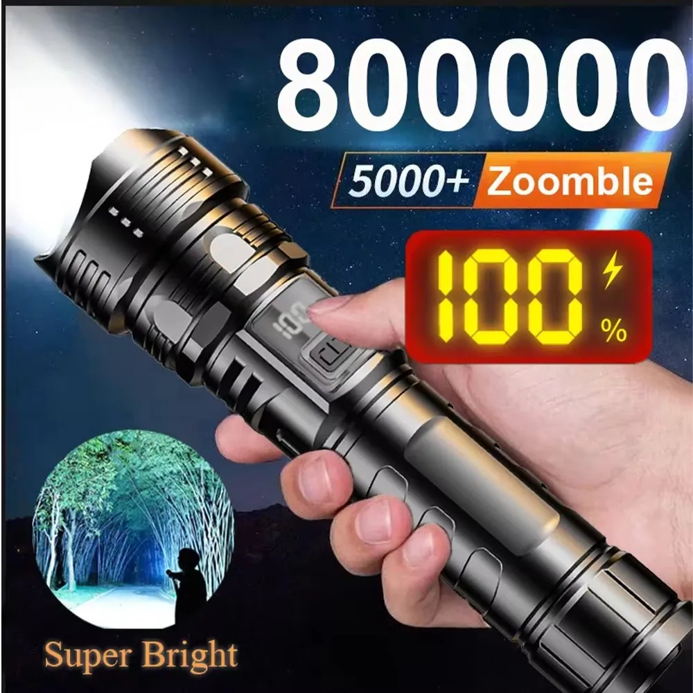 LED Flashlight Super Bright Rechargeable Portable Ultra Power Torch Lamp with Power Display Zoom Lantern For Camping Fishing