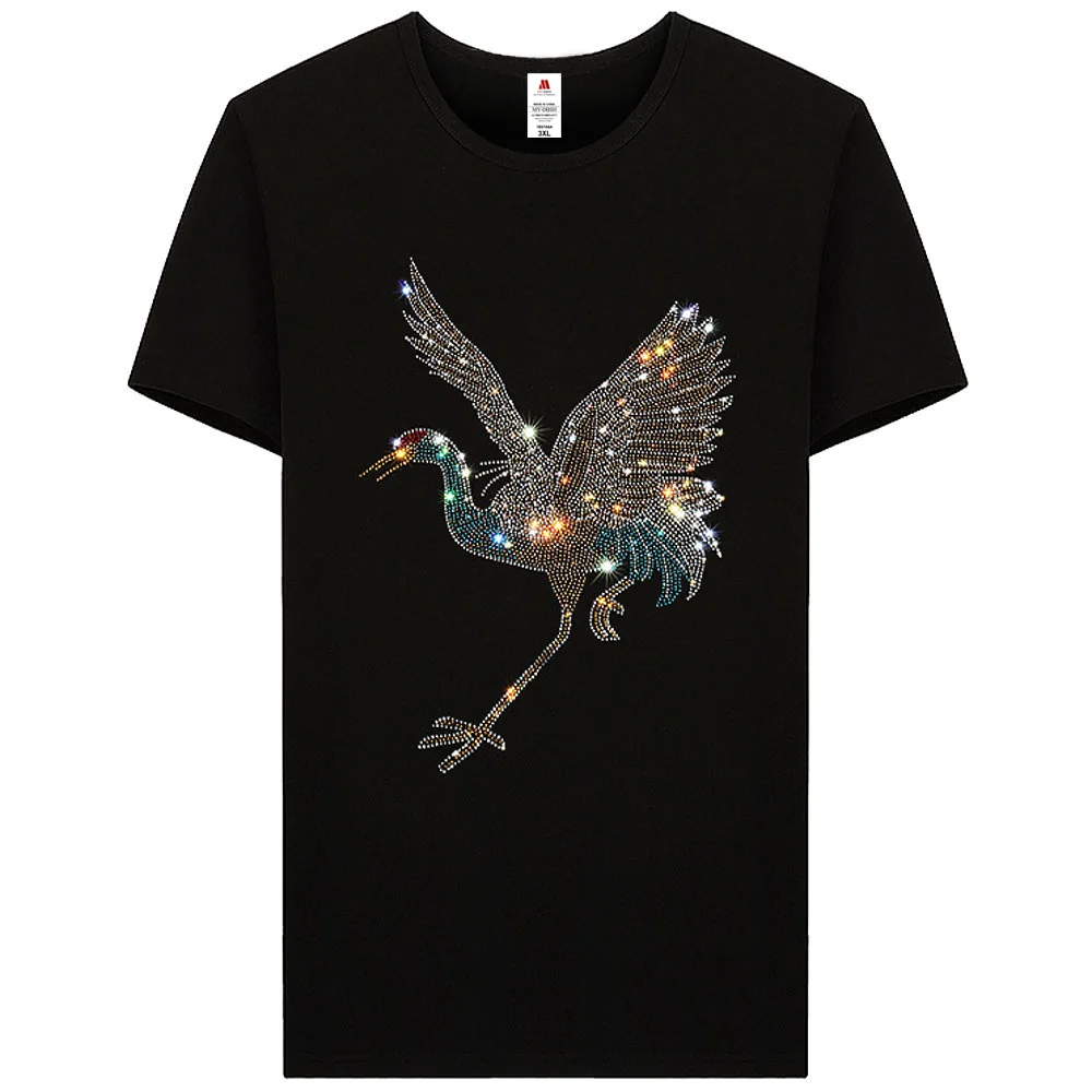 2024 High Quality Red-Crowned Crane Rhinestones Men\'s Short Sleeve T shirts Cotton S-5XL Flying Birds Print O Neck Tees