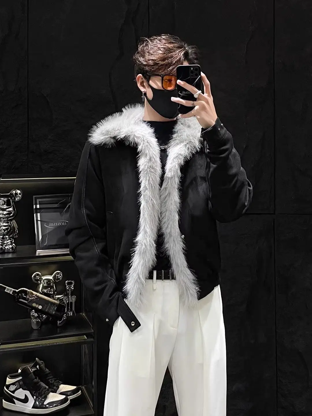 Men's Casual Thiened Cotton Jaet Winter Warm Fur Collar Coat Durable Polyester Fiber Mountain Eagle Pattern Straight Hem