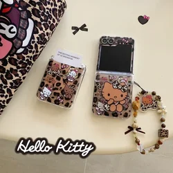 Cute Cartoon Sanrio Leopard Print Hello Kitty Card Wallet Pocket Phone Case For Samsung Galaxy Z Flip 7 6 5 4 3 Soft TPU Cover