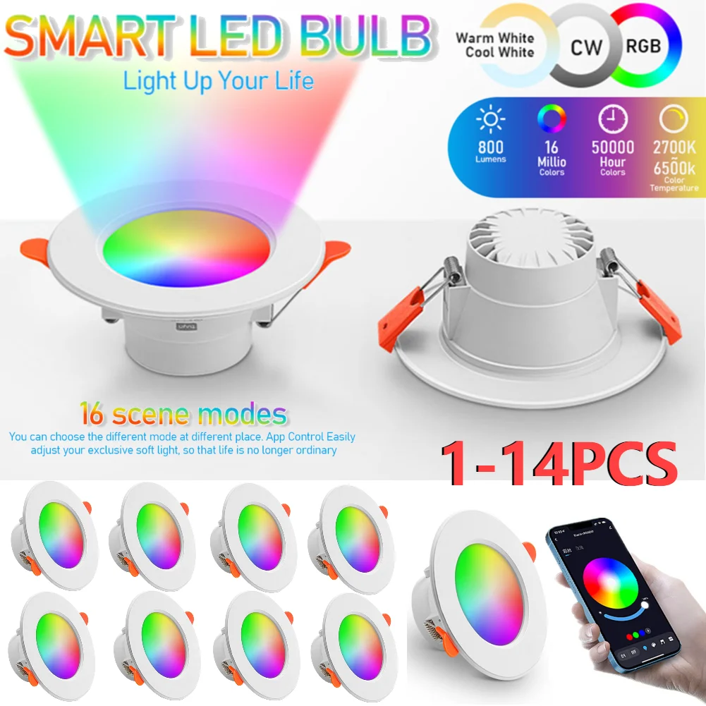 1-14PCS 10W Smart LED Downlight Bluetooth-Compatible Recessed Ceiling Lamp Dimmable Round Panel Light for Home Living Room Decor