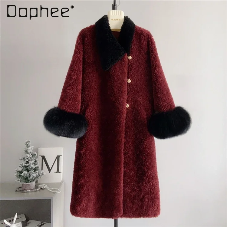 

100% Wool Coat Women 2024 Winter Fox Fur Sleeve Detachable Lapel Temperament Mid Length Jackets Warm Outerwear Fashion