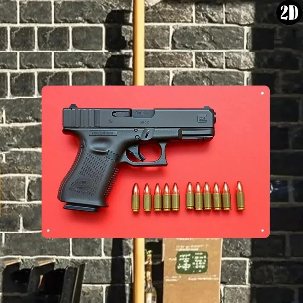 Tactical Pistol Ammo 2D Metal Tin Sign, Retro Handgun Bullets Wall Art Decor, Rustic Firearm Shooting Hobby Plaque for Man Cave