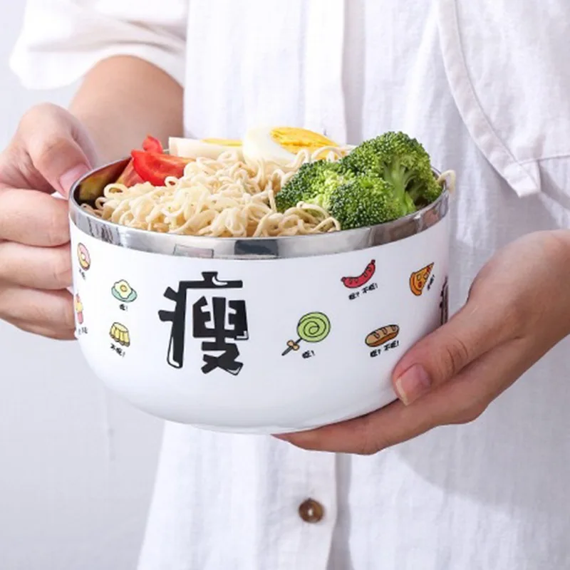 900ml Double-layer Cover Fresh Bowl Ramen Bowl With Lid Stainless Steel Kawaii Kitchen Noodle Salad Fruit Rice Soup Bowl Tablewa