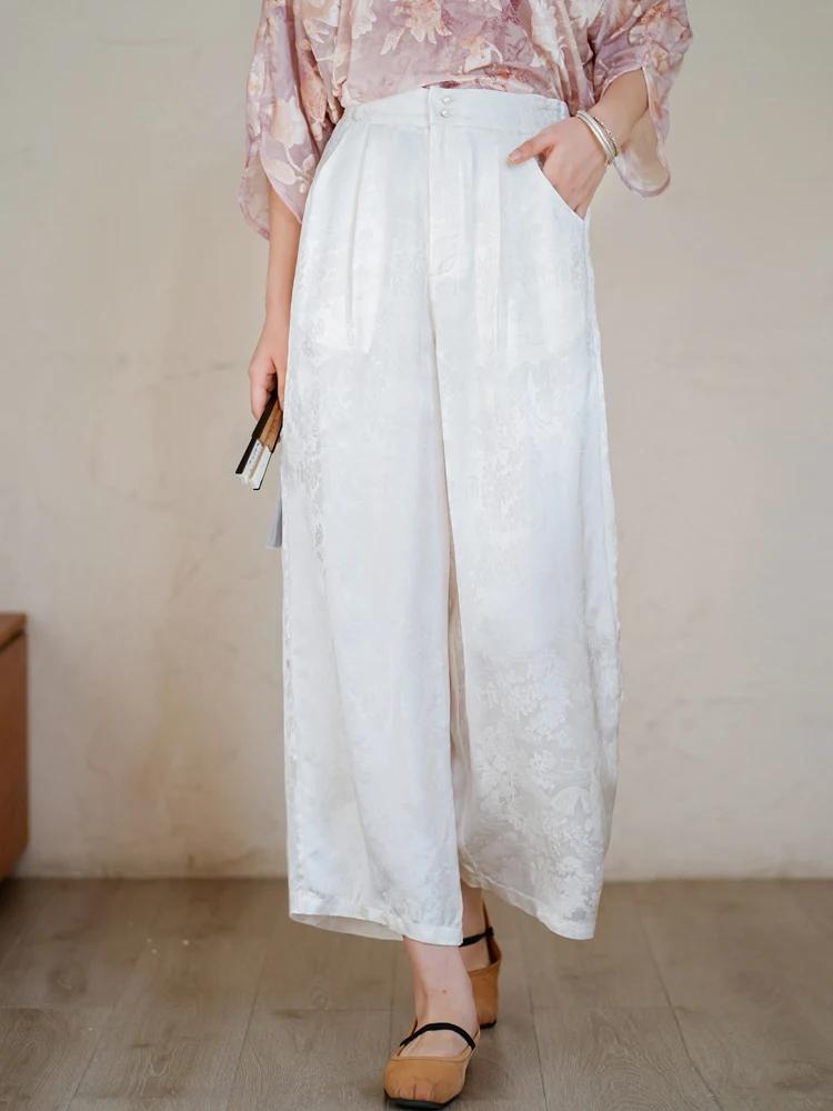 

Original Artistic Women's Casual Pants Silk Embroidery Drapey Wide Leg Pants Commute Sle High Waist Nine Points Length