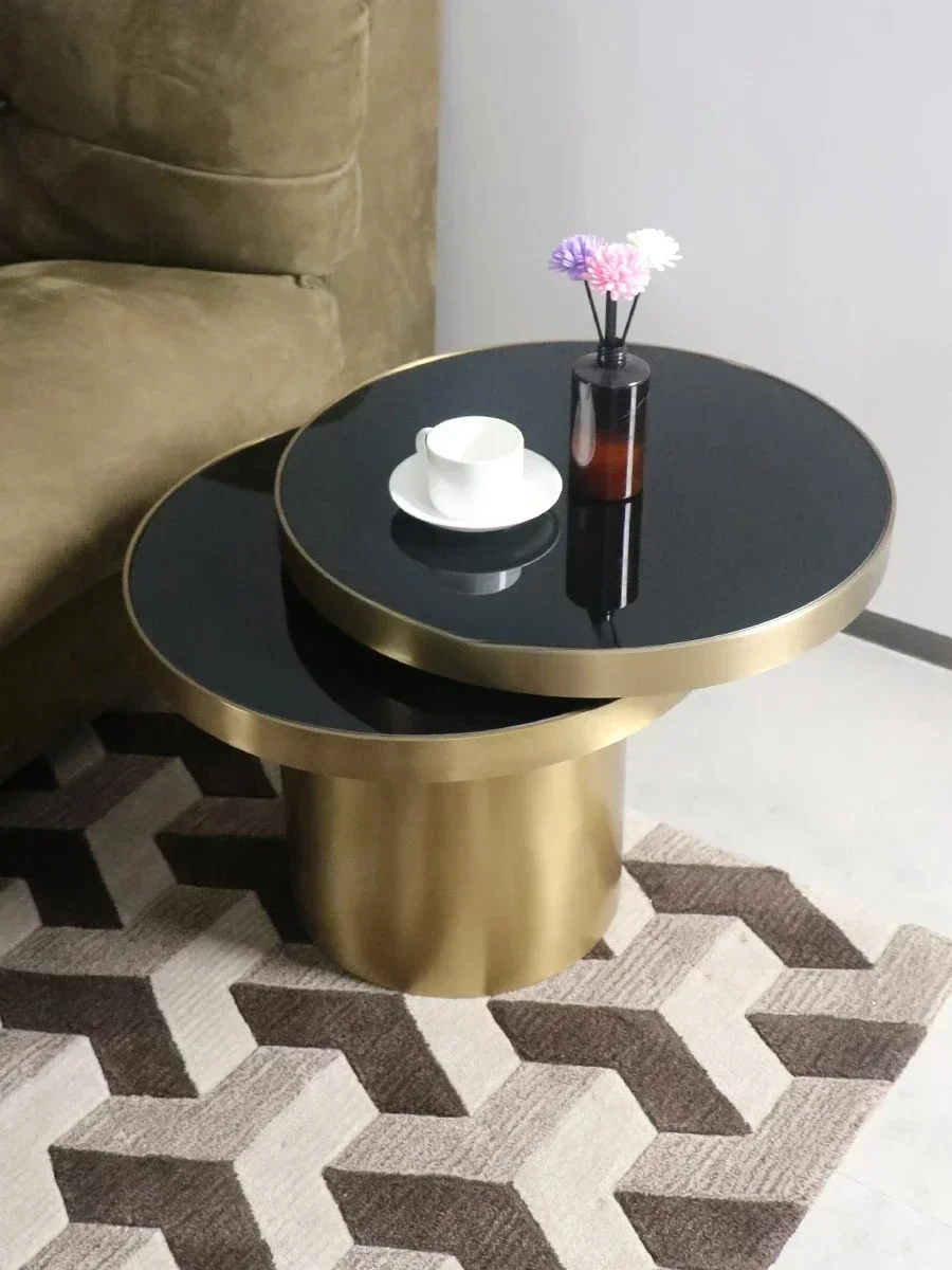 Italian Light Luxury Tempered Glass Stainless Steel Base round Tea Table Rotatable Sofa and Tea Table