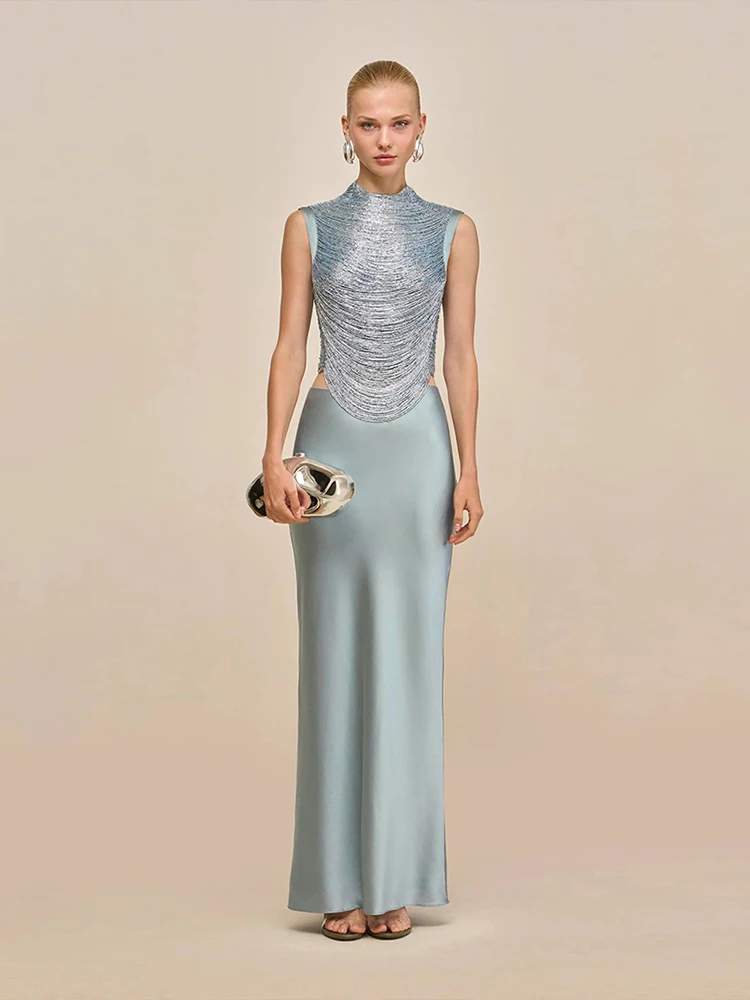 

Women Blue Long Skirt Two Piece Sets Sexy Sleeveless Lustrous Tassel Bandage Top + Slim Skirt Suits Evening Party Cocktail Sets