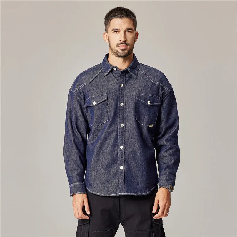 

American Retro Denim Shirt Men Streetwear Fashion Loose Causal Plus Size Long Sleeve Denim Cargo Shirts Cowboy Jeans Blouses