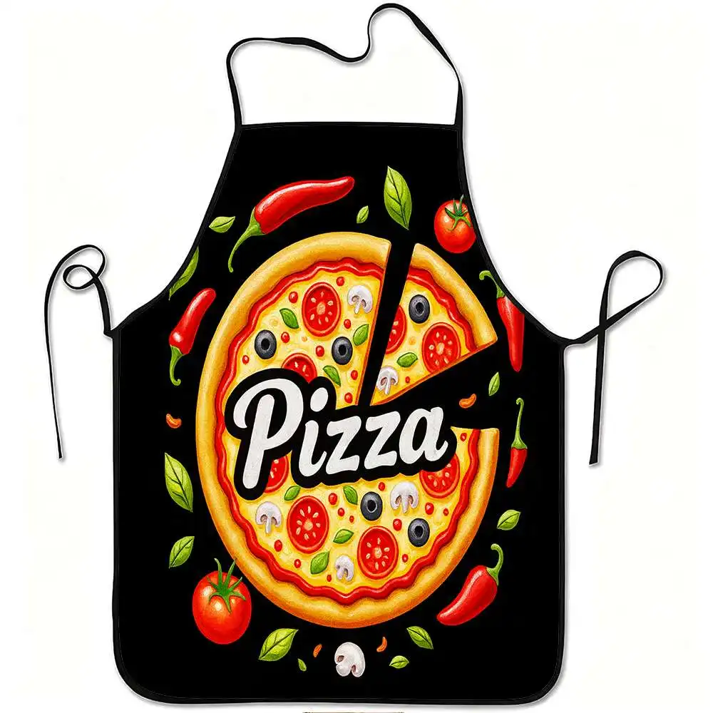 Funny Pizza Pattern Apron with Toppings Print Unisex Adjustable Cooking Apron for Pizza Party and BBQ