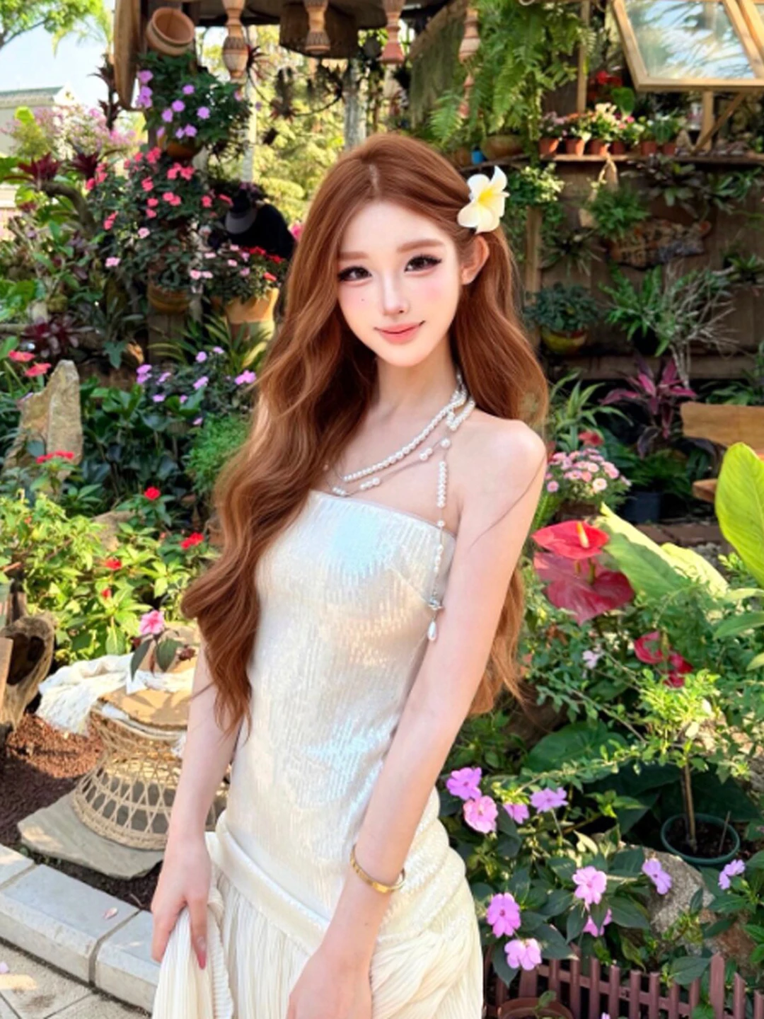 

Slimming Effectiveness Unique Beautiful Strapless Waist Cinched Long Dress Elegant Lady Summer Fashionable Minimalist Style