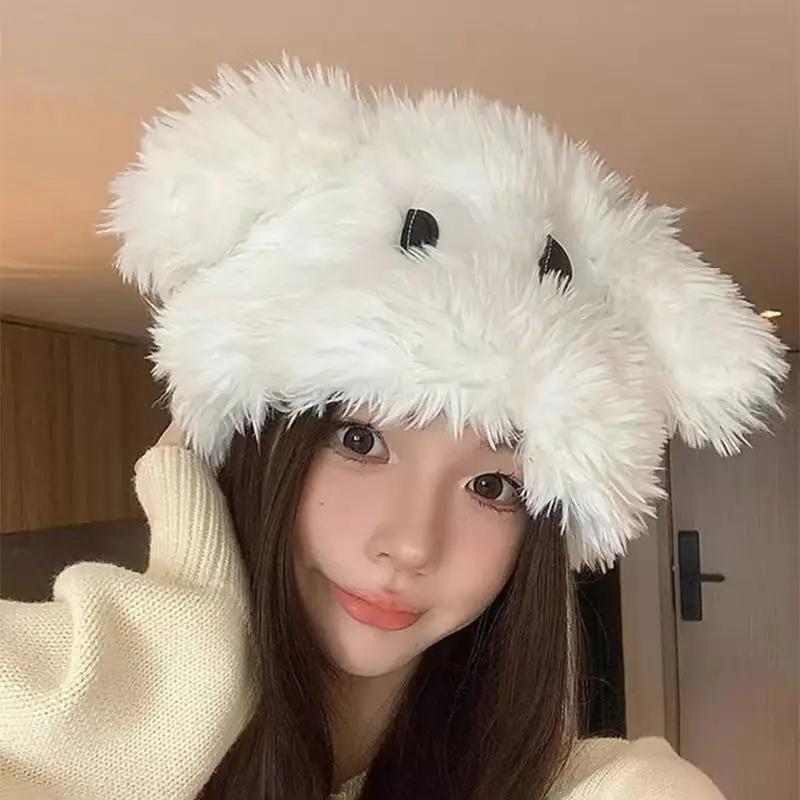 Cute Cartoon Puppy Hat for Women Korean Girl Sweet Big Eyes Plush Cap Winter Warm Outdoor Pullover Hats Fashion Knitted Caps