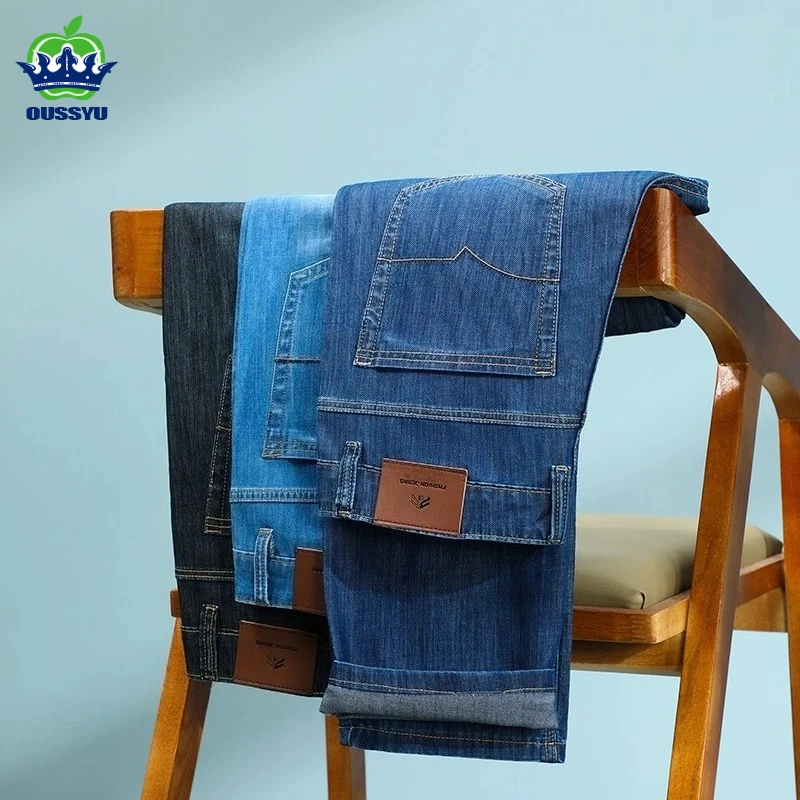 Good Quality Spring Summer Cotton Straight Jeans Classic Business Work Long Pants Dad Trousers Father's Day Gift Plus Size 38 40