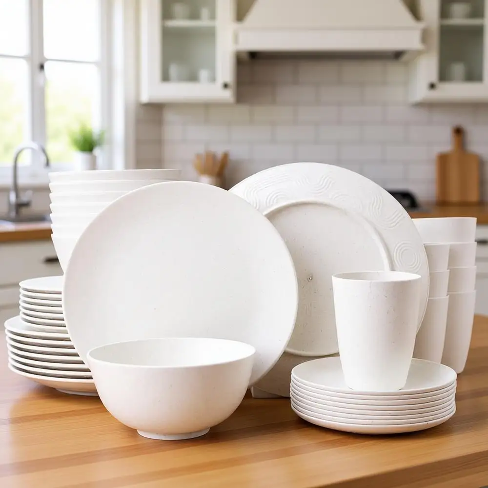 

Набор из 40 предметов прочной посуды из пшеничного волокна: легкие, небьющиеся тарелки, миски и стаканы для кухни, пикников и вечеринок (B)