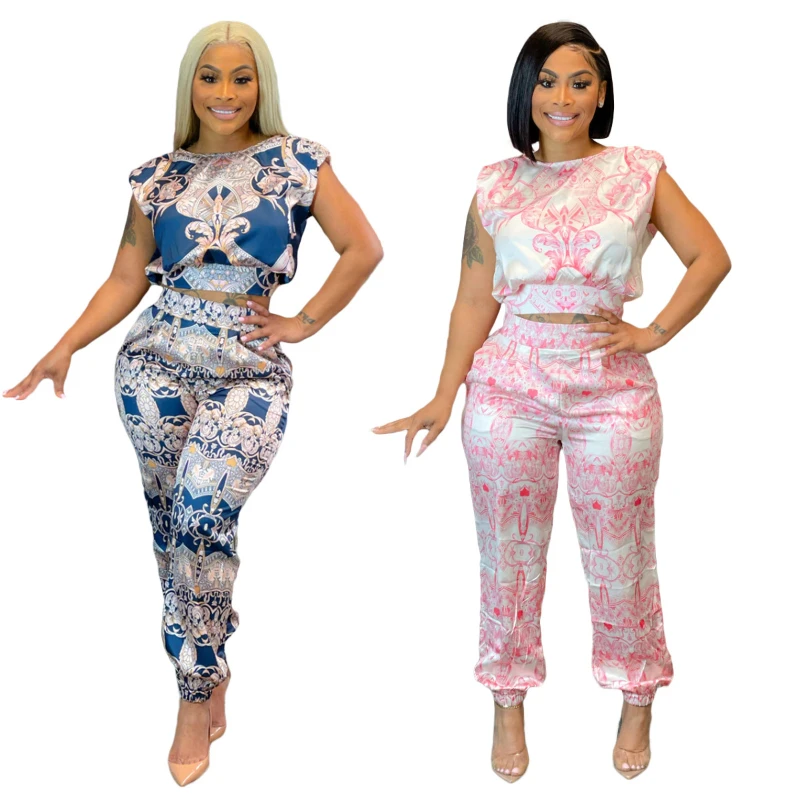 Two Piece Sets Women Pant Set Matching Sets Print Short Sleeve Casual Tops Long Pants High Waist Y2k Streetwear Loose 2025