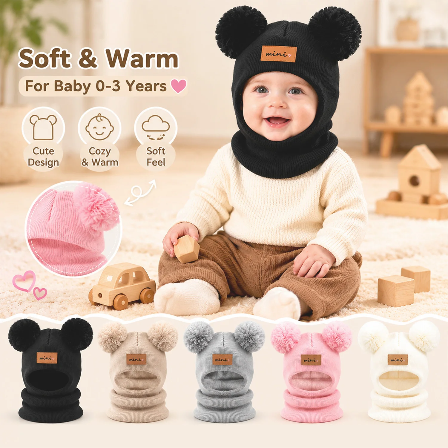 

3 Pack Cute Double Pom Bear Ear Baby Knit Balaclava Hat, Soft Integrated Hat & Neck Warmer, Stretchy Skin Friendly Infant