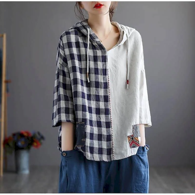 

Shirts for Women Literature Short Sleeve Plaid Patchwork Hooded T-shirts Loose Fit Casual Korean Style Retro Blouse Women Tops