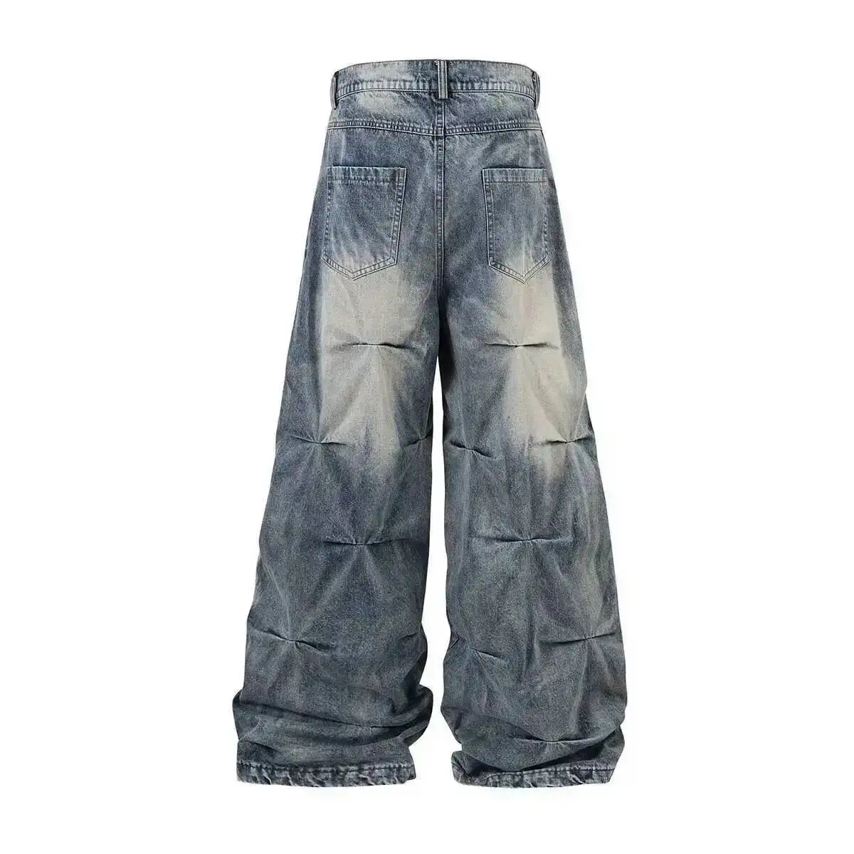 Colorblock Washed Fold Spliced Design Blue Wide Leg Jeans Men's 2026 New Casual Straight Distressed Denim Trousers 2IWD0